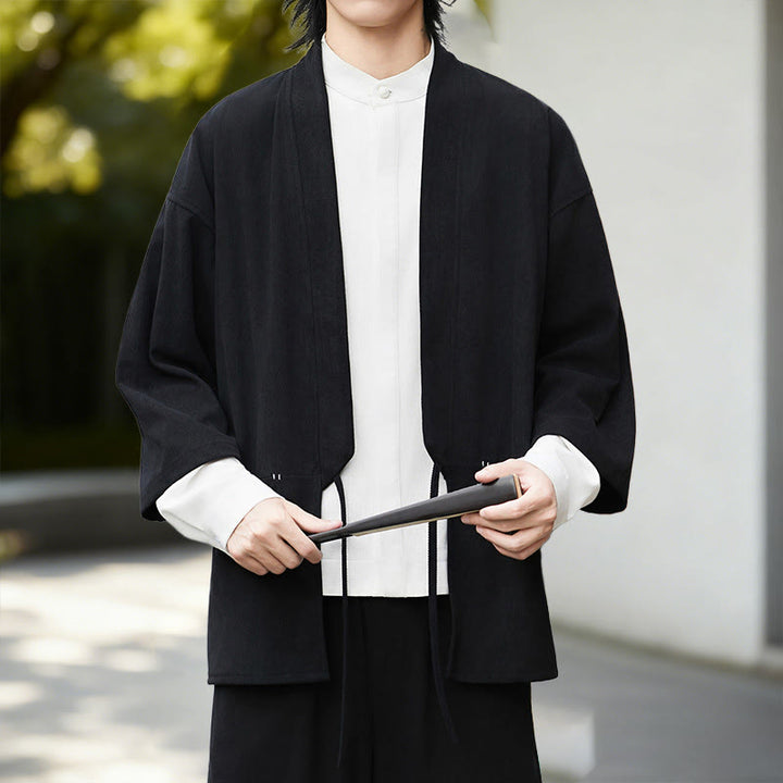 Chemise homme en coton et lin à manches longues, couleur blanche unie , Buddha Stones, style kimono en velours côtelé. - Kimono noir - US/UK/AU46，EU56 (5XL) - image 10