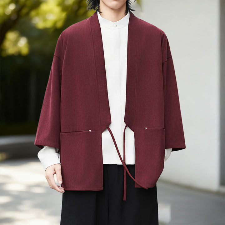 Chemise homme en coton et lin à manches longues, couleur blanche unie , Buddha Stones, style kimono en velours côtelé. - Kimono rouge foncé - US/UK/AU46，EU56 (5XL) - image 12