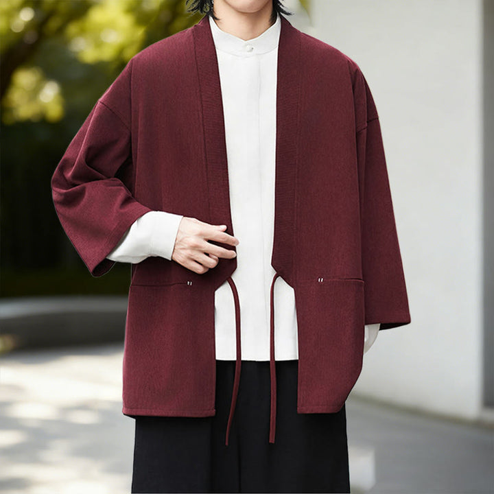Chemise homme en coton et lin à manches longues, couleur blanche unie , Buddha Stones, style kimono en velours côtelé. - image 13