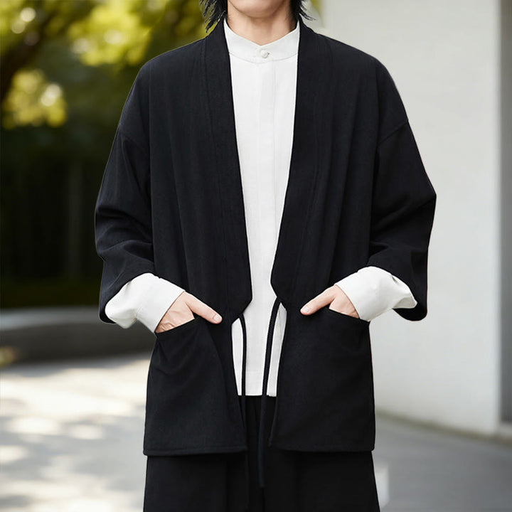 Chemise homme en coton et lin à manches longues, couleur blanche unie , Buddha Stones, style kimono en velours côtelé. - image 11