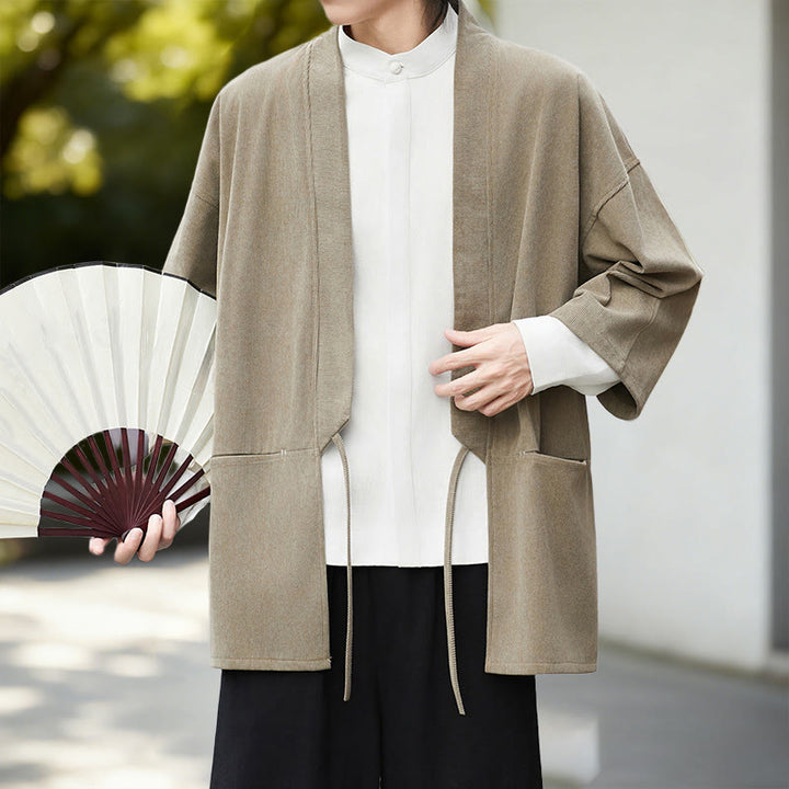 Chemise homme en coton et lin à manches longues, couleur blanche unie , Buddha Stones, style kimono en velours côtelé. - image 15