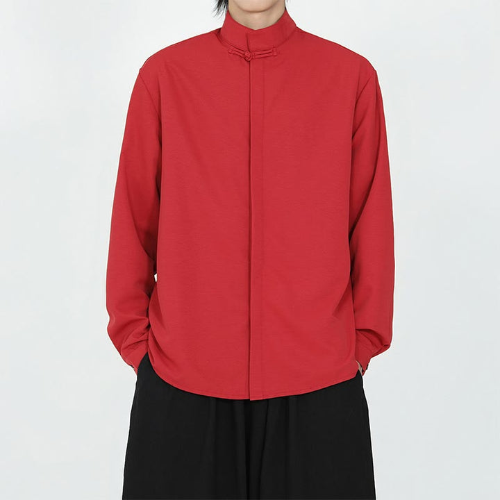 Chemise homme en coton à manches longues, couleur unie Buddha Stones , fermeture à un bouton grenouille - Rouge - US/UK/AU46，EU56 (5XL) - image 10