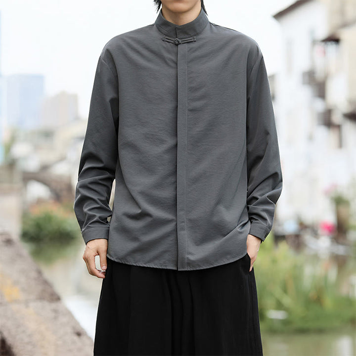 Chemise homme en coton à manches longues, couleur unie Buddha Stones , fermeture à un bouton grenouille - image 3