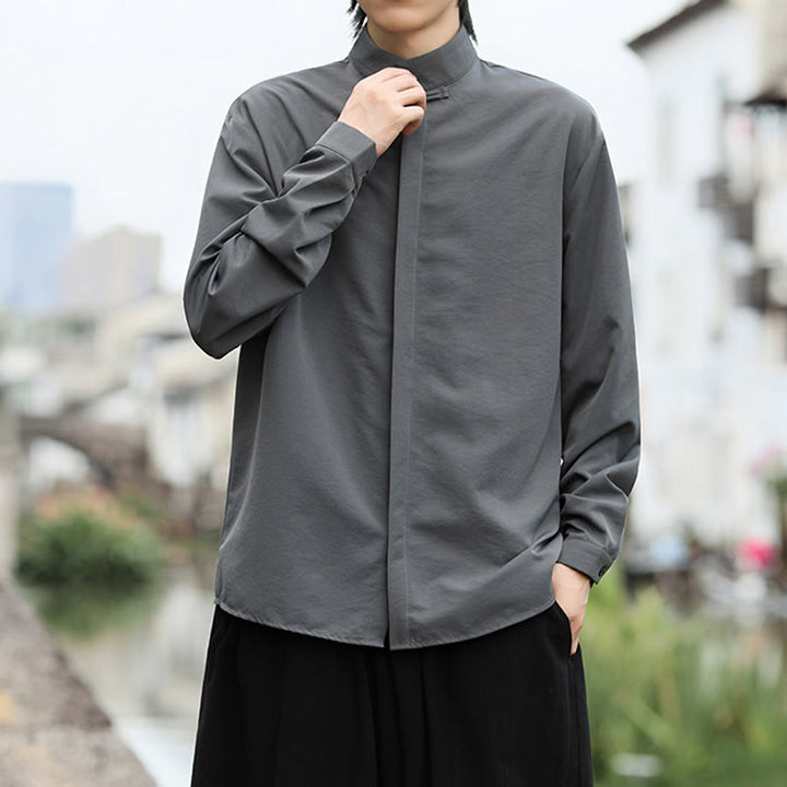 Chemise homme en coton à manches longues, couleur unie Buddha Stones , fermeture à un bouton grenouille - image 2