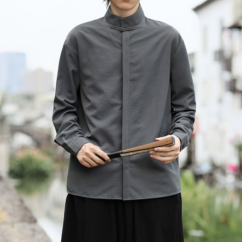 Chemise homme en coton à manches longues, couleur unie Buddha Stones , fermeture à un bouton grenouille - image 1