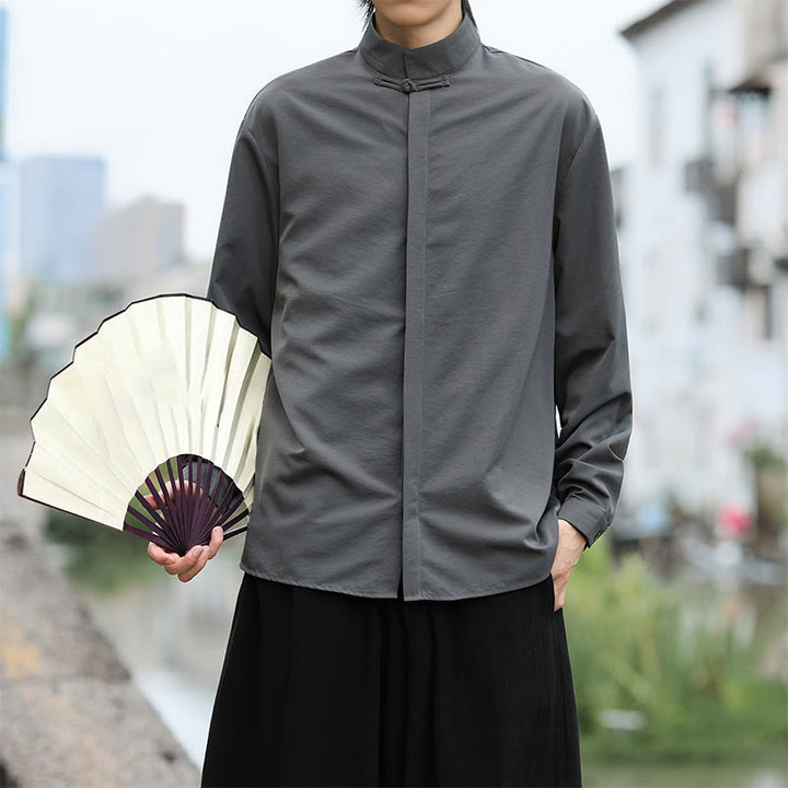 Chemise homme en coton à manches longues, couleur unie Buddha Stones , fermeture à un bouton grenouille - image 4