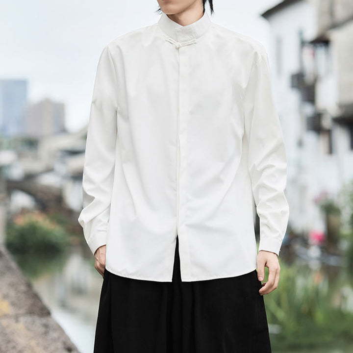 Chemise homme en coton à manches longues, couleur unie Buddha Stones , fermeture à un bouton grenouille - image 7