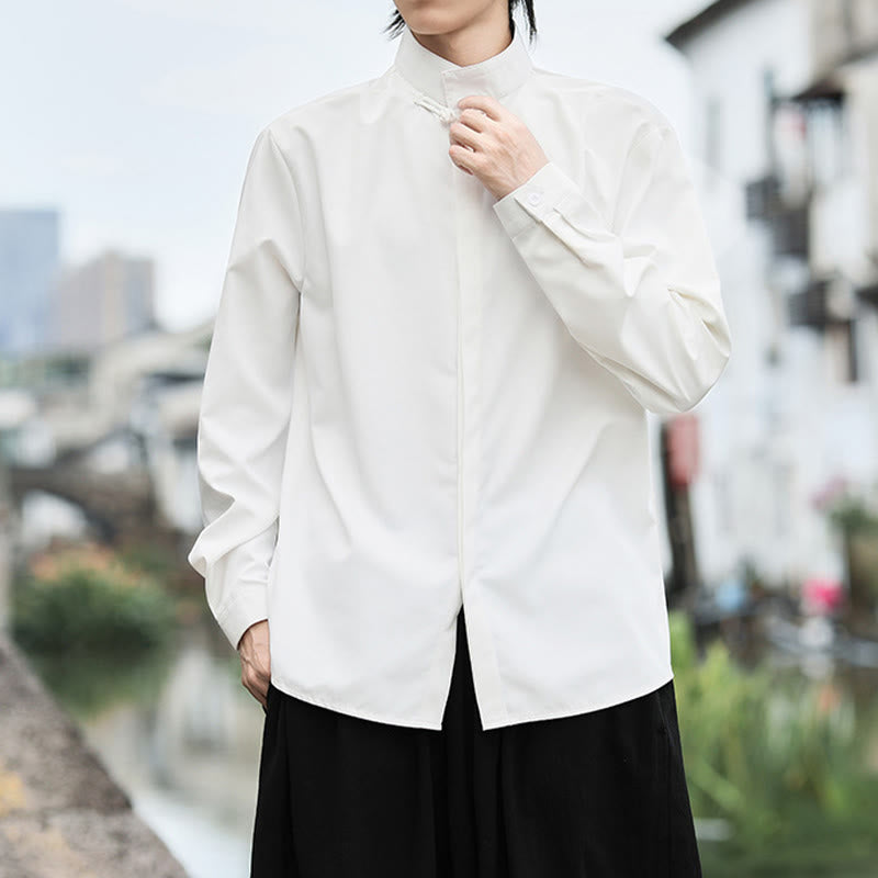 Chemise homme en coton à manches longues, couleur unie Buddha Stones , fermeture à un bouton grenouille - image 9