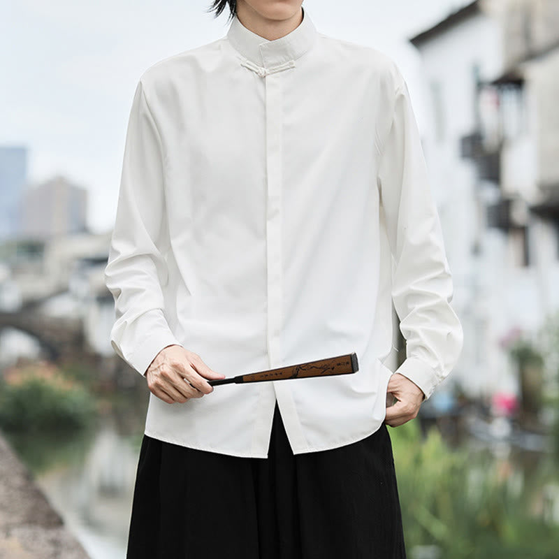 Chemise homme en coton à manches longues, couleur unie Buddha Stones , fermeture à un bouton grenouille - image 8