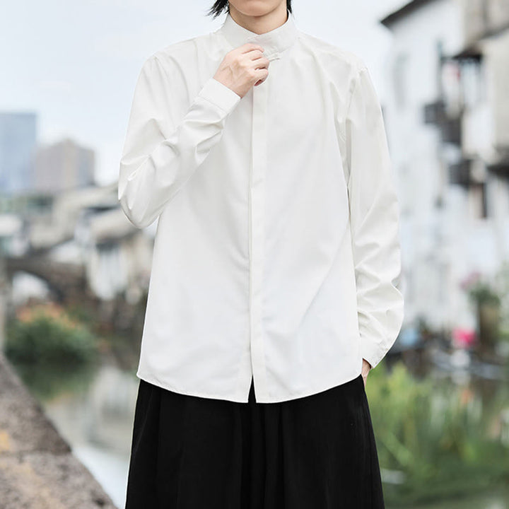 Chemise homme en coton à manches longues, couleur unie Buddha Stones , fermeture à un bouton grenouille - image 6