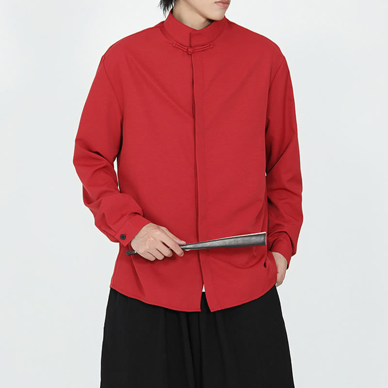 Chemise homme en coton à manches longues, couleur unie Buddha Stones , fermeture à un bouton grenouille - image 12