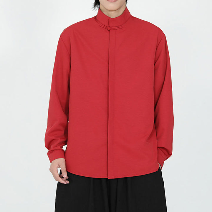 Chemise homme en coton à manches longues, couleur unie Buddha Stones , fermeture à un bouton grenouille - image 11