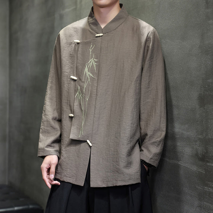 Chemise homme à manches longues en coton et lin, motif feuilles de bambou et Buddha Stones , coloris uni - image 1