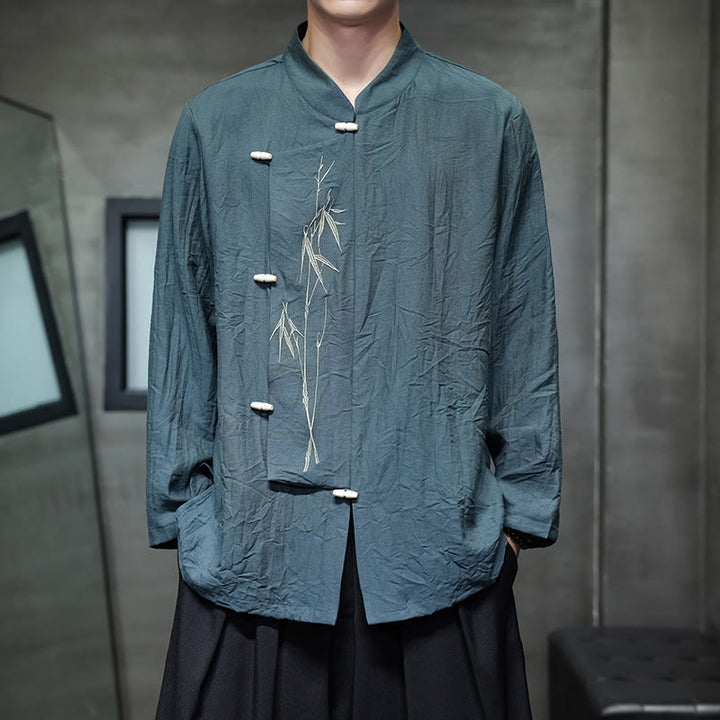 Chemise homme à manches longues en coton et lin, motif feuilles de bambou et Buddha Stones , coloris uni - Sarcelle - US/UK/AU46，EU56 (5XL) - image 21