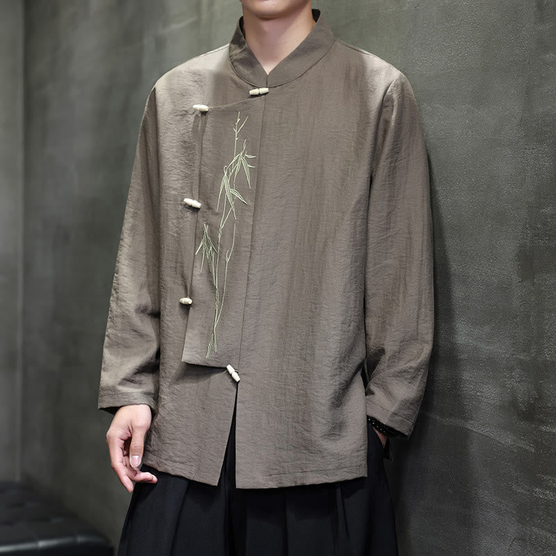 Chemise homme à manches longues en coton et lin, motif feuilles de bambou et Buddha Stones , coloris uni - image 1