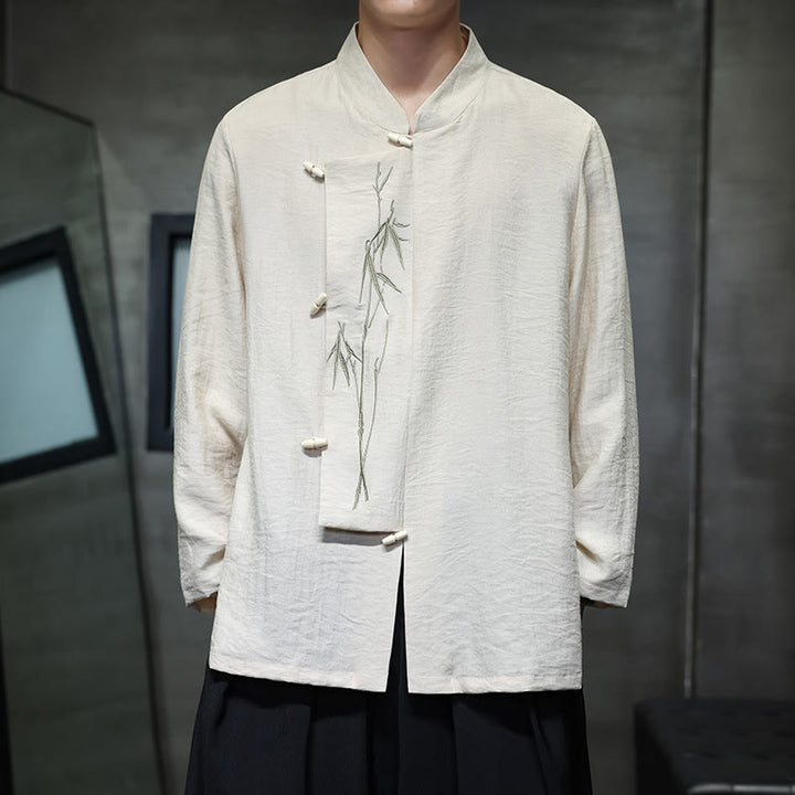 Chemise homme à manches longues en coton et lin, motif feuilles de bambou et Buddha Stones , coloris uni - Beige - US/UK/AU46，EU56 (5XL) - image 7