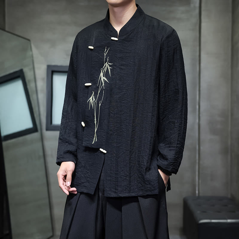 Chemise homme à manches longues en coton et lin, motif feuilles de bambou et Buddha Stones , coloris uni - Noir - US/UK/AU46，EU56 (5XL) - image 16
