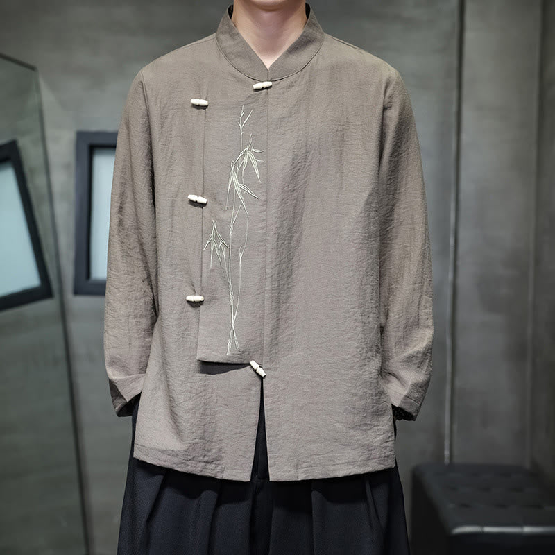 Chemise homme à manches longues en coton et lin, motif feuilles de bambou et Buddha Stones , coloris uni - Tanné - US/UK/AU46，EU56 (5XL) - image 0