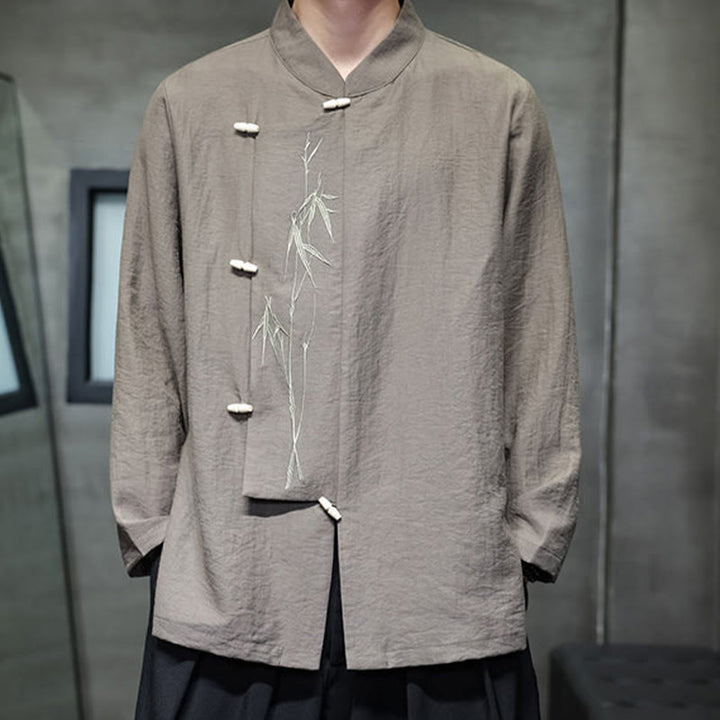 Chemise homme à manches longues en coton et lin, motif feuilles de bambou et Buddha Stones , coloris uni - image 2