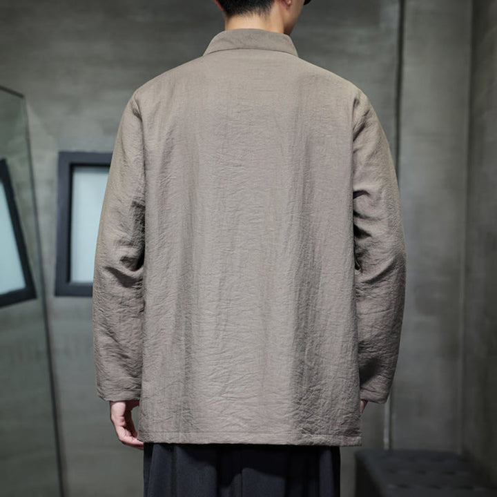 Chemise homme à manches longues en coton et lin, motif feuilles de bambou et Buddha Stones , coloris uni - image 3