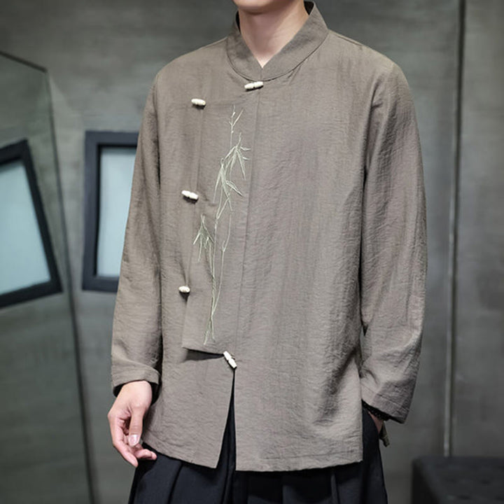 Chemise homme à manches longues en coton et lin, motif feuilles de bambou et Buddha Stones , coloris uni - image 4