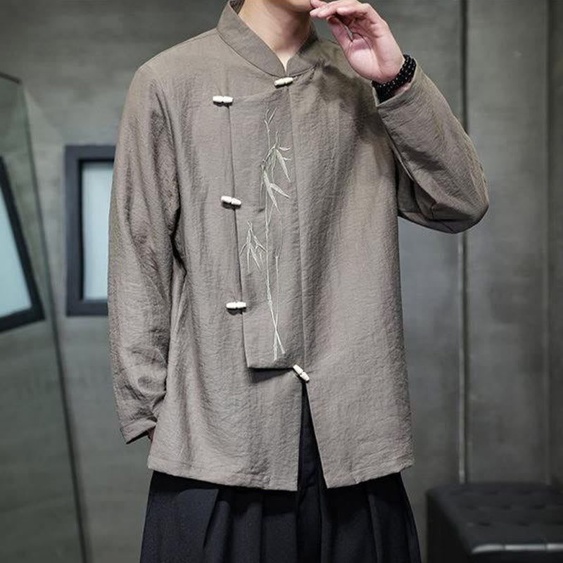 Chemise homme à manches longues en coton et lin, motif feuilles de bambou et Buddha Stones , coloris uni - image 5