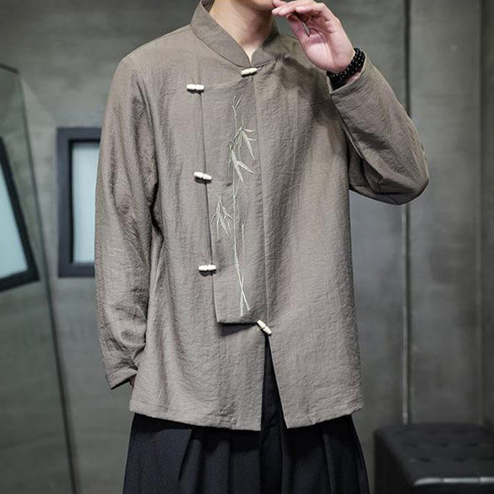 Chemise homme à manches longues en coton et lin, motif feuilles de bambou et Buddha Stones , coloris uni - image 5