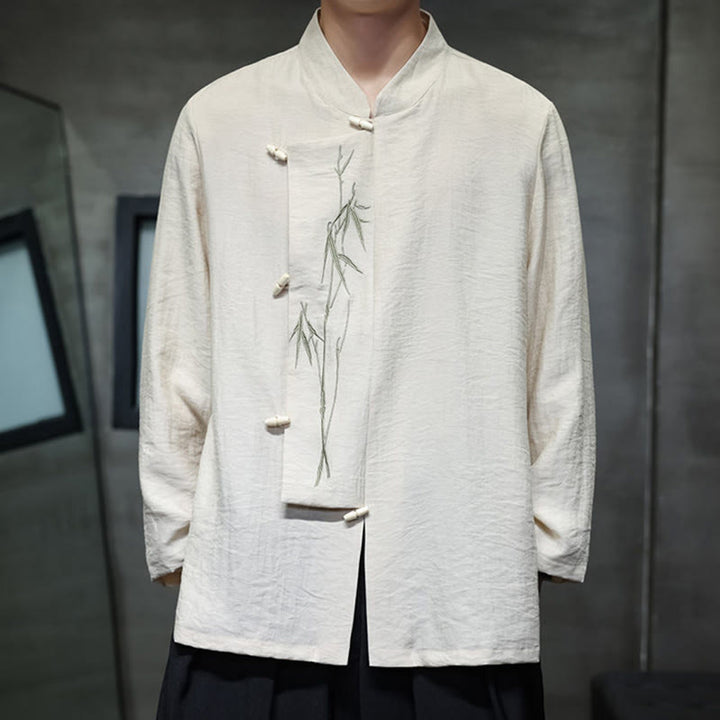 Chemise homme à manches longues en coton et lin, motif feuilles de bambou et Buddha Stones , coloris uni - image 10