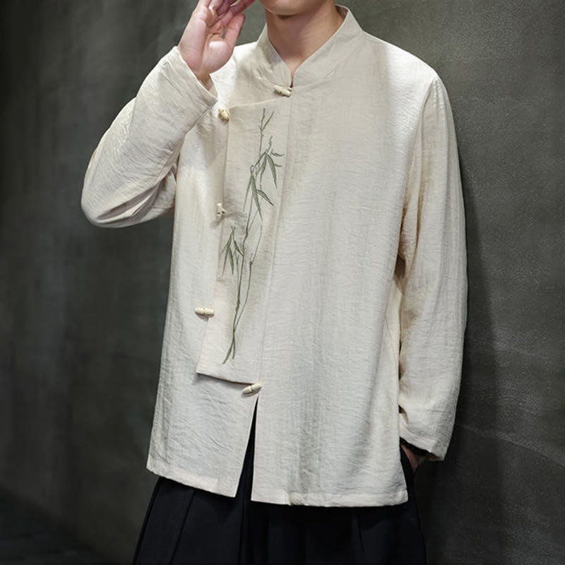 Chemise homme à manches longues en coton et lin, motif feuilles de bambou et Buddha Stones , coloris uni - image 12