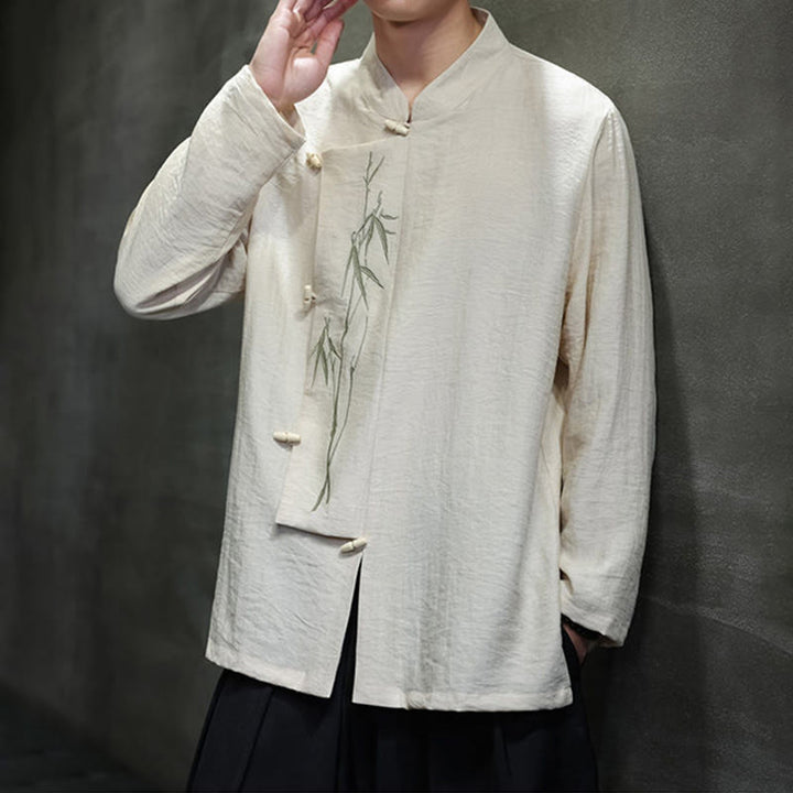 Chemise homme à manches longues en coton et lin, motif feuilles de bambou et Buddha Stones , coloris uni - image 12