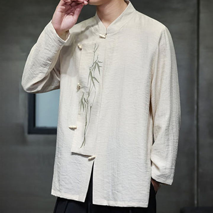 Chemise homme à manches longues en coton et lin, motif feuilles de bambou et Buddha Stones , coloris uni - image 8