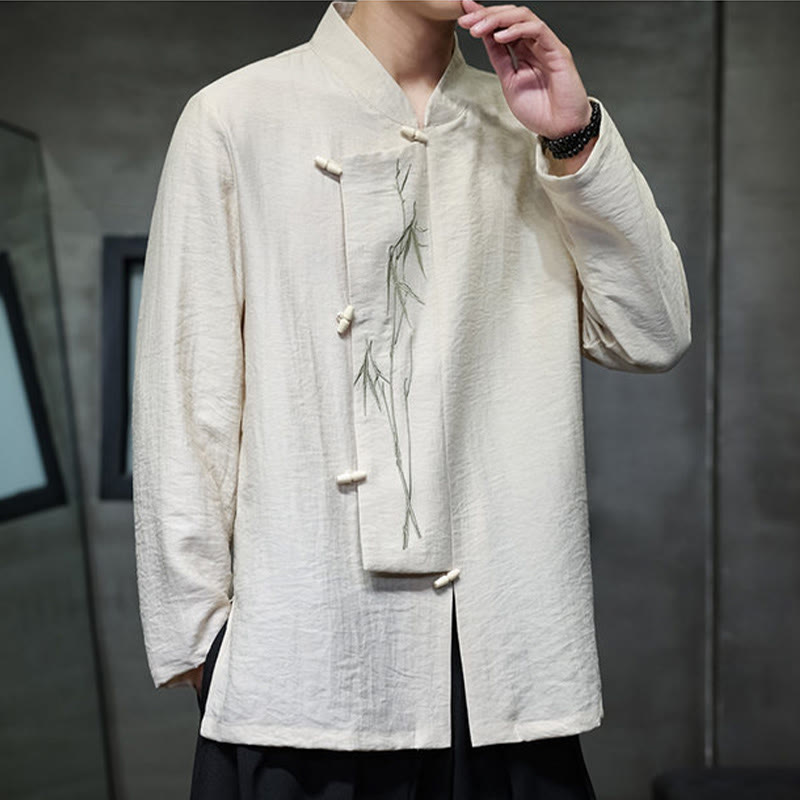 Chemise homme à manches longues en coton et lin, motif feuilles de bambou et Buddha Stones , coloris uni - image 13