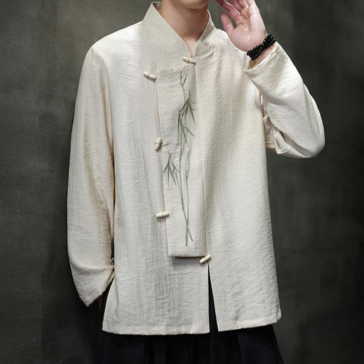 Chemise homme à manches longues en coton et lin, motif feuilles de bambou et Buddha Stones , coloris uni - image 11