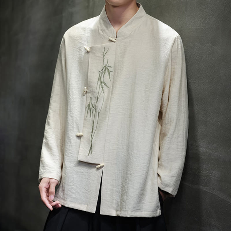 Chemise homme à manches longues en coton et lin, motif feuilles de bambou et Buddha Stones , coloris uni - image 14