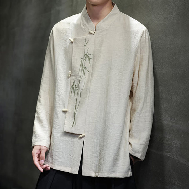 Chemise homme à manches longues en coton et lin, motif feuilles de bambou et Buddha Stones , coloris uni - image 14