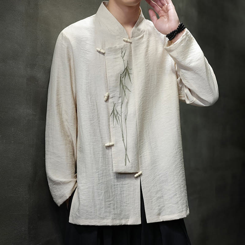 Chemise homme à manches longues en coton et lin, motif feuilles de bambou et Buddha Stones , coloris uni - image 11