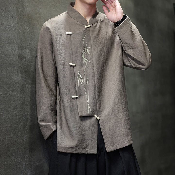 Chemise homme à manches longues en coton et lin, motif feuilles de bambou et Buddha Stones , coloris uni - image 6