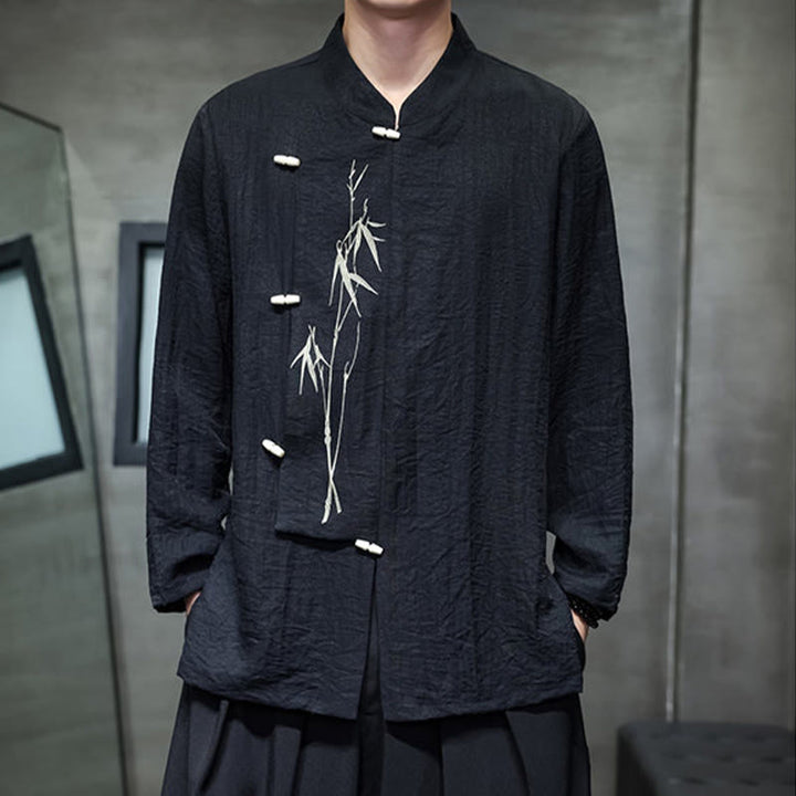 Chemise homme à manches longues en coton et lin, motif feuilles de bambou et Buddha Stones , coloris uni - image 17