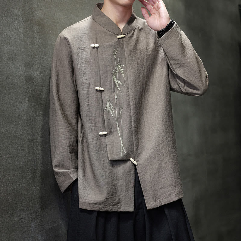 Chemise homme à manches longues en coton et lin, motif feuilles de bambou et Buddha Stones , coloris uni - image 6