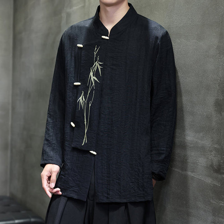 Chemise homme à manches longues en coton et lin, motif feuilles de bambou et Buddha Stones , coloris uni - image 20