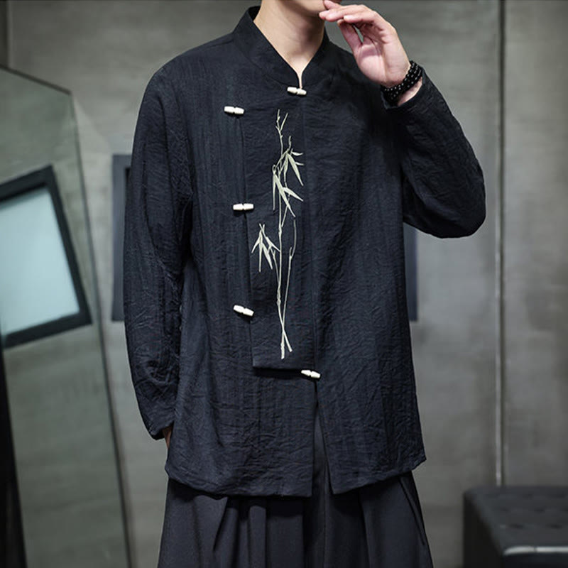 Chemise homme à manches longues en coton et lin, motif feuilles de bambou et Buddha Stones , coloris uni - image 18