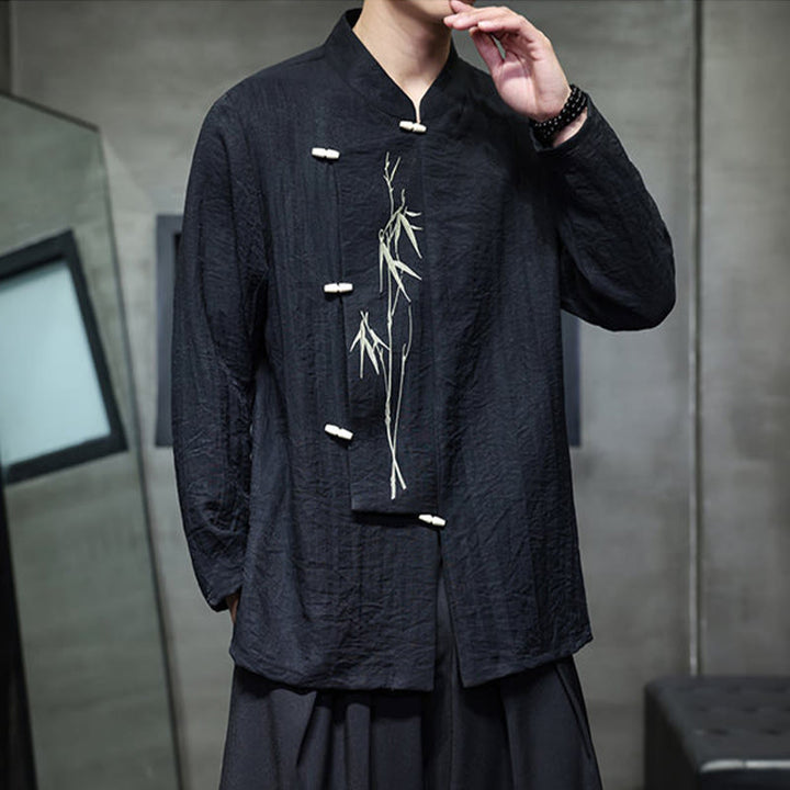 Chemise homme à manches longues en coton et lin, motif feuilles de bambou et Buddha Stones , coloris uni - image 18