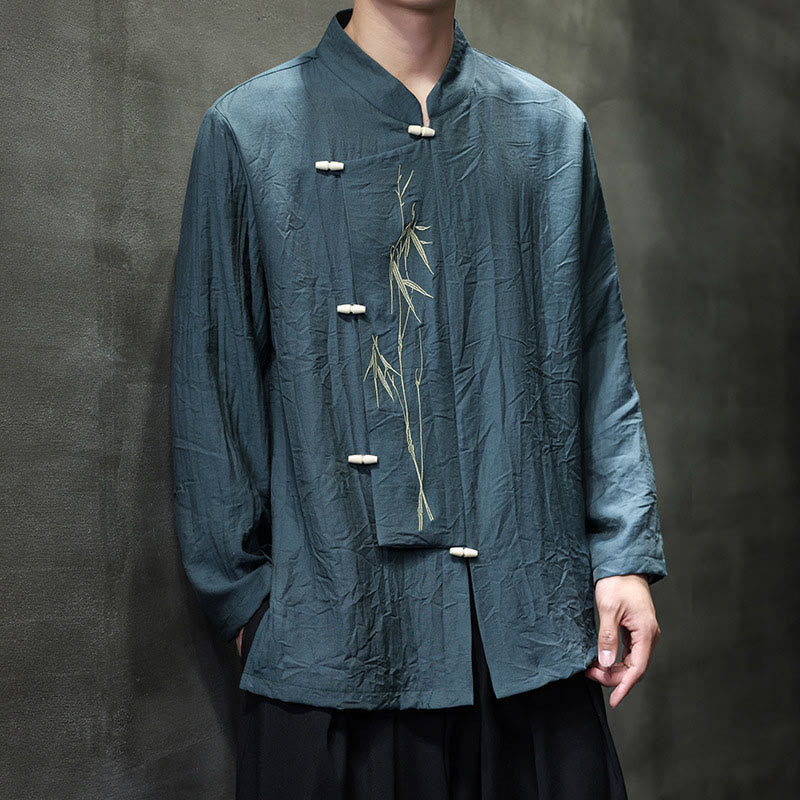 Chemise homme à manches longues en coton et lin, motif feuilles de bambou et Buddha Stones , coloris uni - image 23