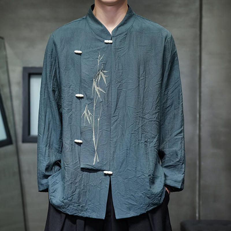 Chemise homme à manches longues en coton et lin, motif feuilles de bambou et Buddha Stones , coloris uni - image 22