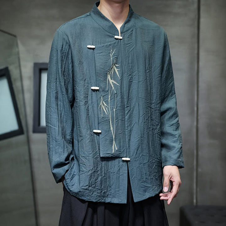 Chemise homme à manches longues en coton et lin, motif feuilles de bambou et Buddha Stones , coloris uni - image 27