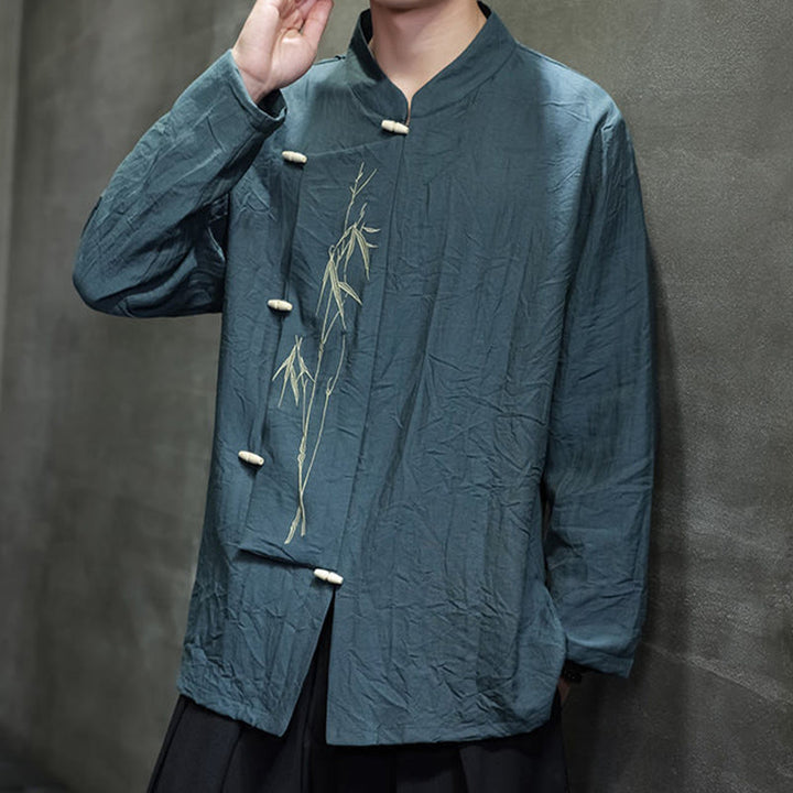 Chemise homme à manches longues en coton et lin, motif feuilles de bambou et Buddha Stones , coloris uni - image 26