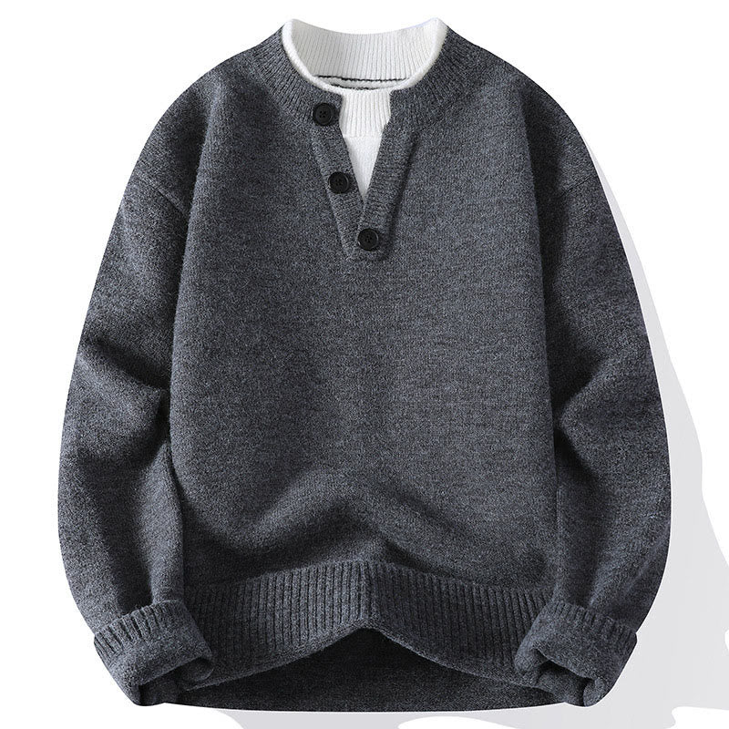 Pull en maille chaude à manches longues pour homme, orné de boutons et de Buddha Stones, col rond. - Gris - US/UK/AU44，EU54 (4XL) - image 0