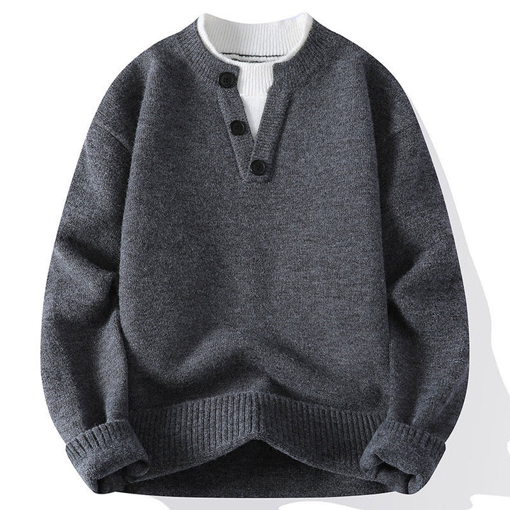 Pull en maille chaude à manches longues pour homme, orné de boutons et de Buddha Stones, col rond. - Gris - US/UK/AU44，EU54 (4XL) - image 0