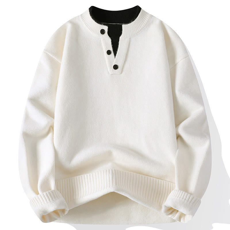 Pull en maille chaude à manches longues pour homme, orné de boutons et de Buddha Stones, col rond. - Blanc - US/UK/AU44，EU54 (4XL) - image 9