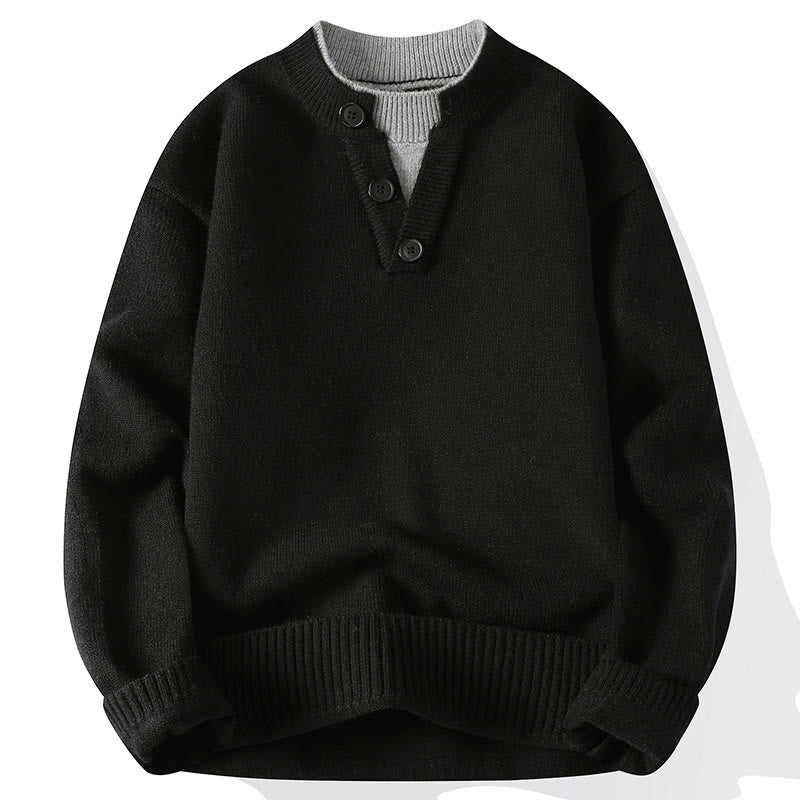 Pull en maille chaude à manches longues pour homme, orné de boutons et de Buddha Stones, col rond. - Noir - US/UK/AU44，EU54 (4XL) - image 10